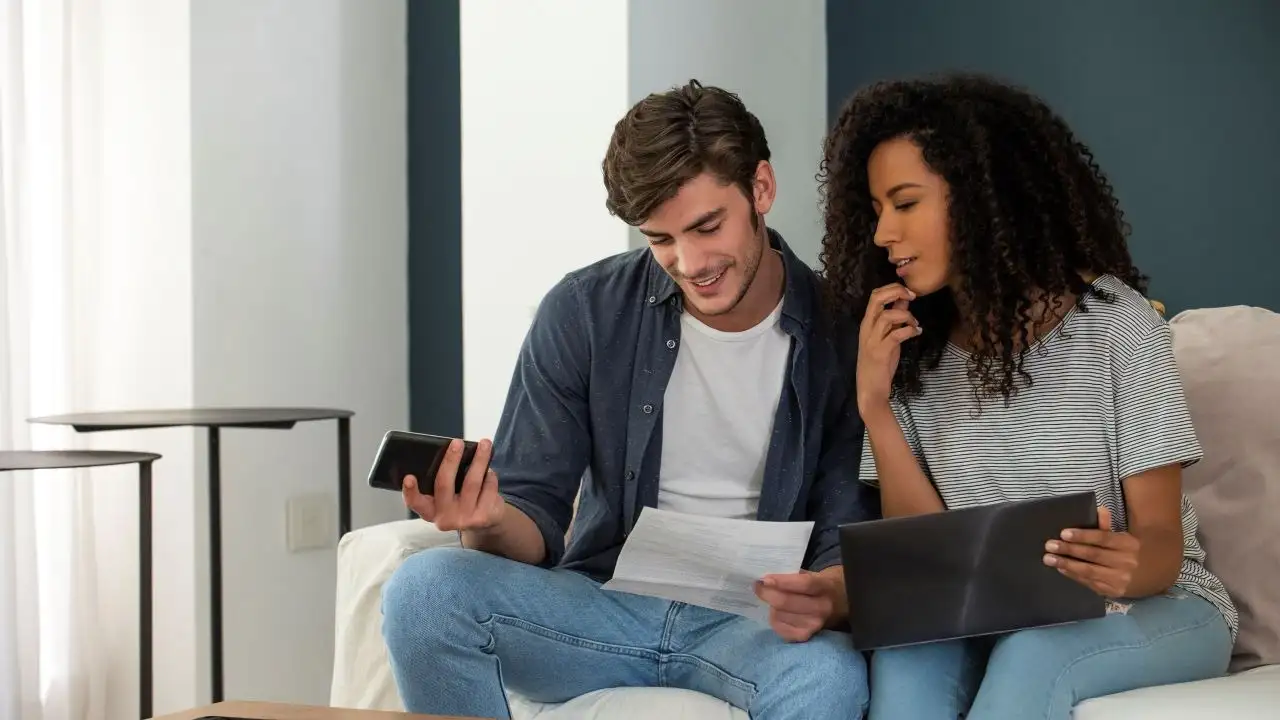 Couple sitting on couch and checking on phone payments for an interest only personal loan