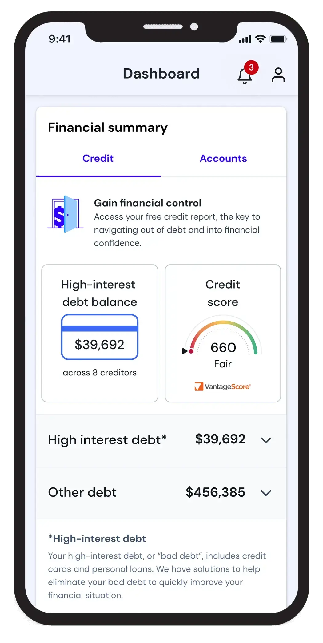 A dashboard showing a Get Out of Debt plan and their credit summary with FICO score and total debt.