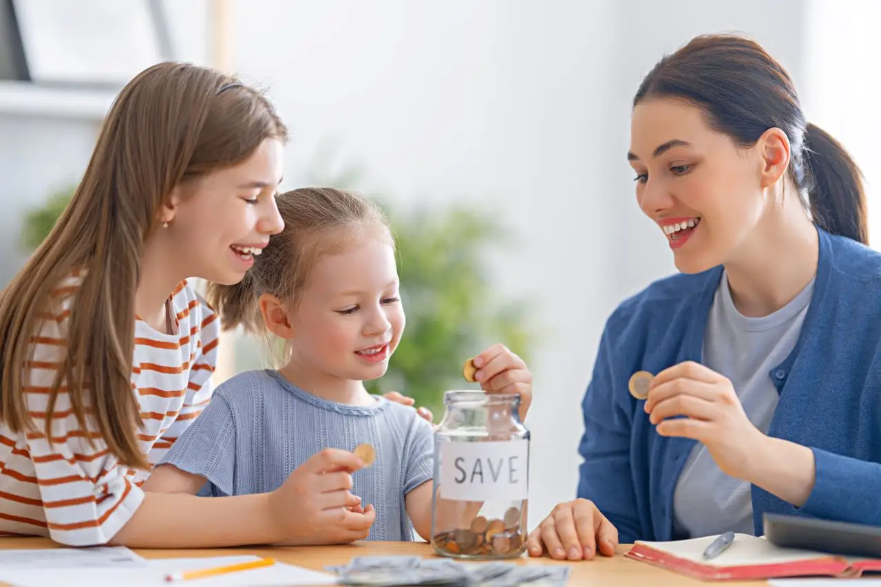 Mother talking about money with two kids